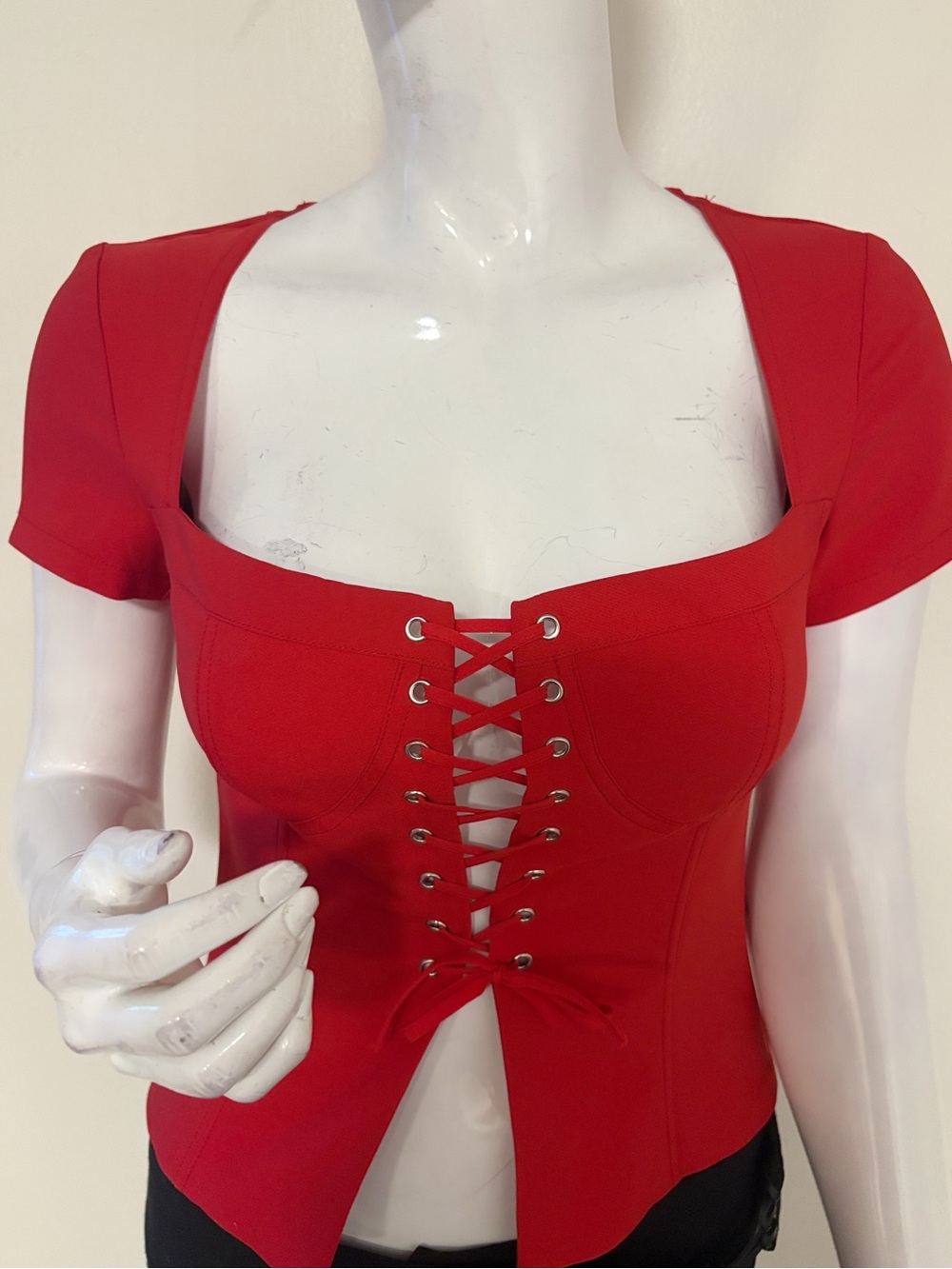 NWOT I.AM.GIA Red Lace-Up Square Neck Short Sleeve Bustier Corset Style Top